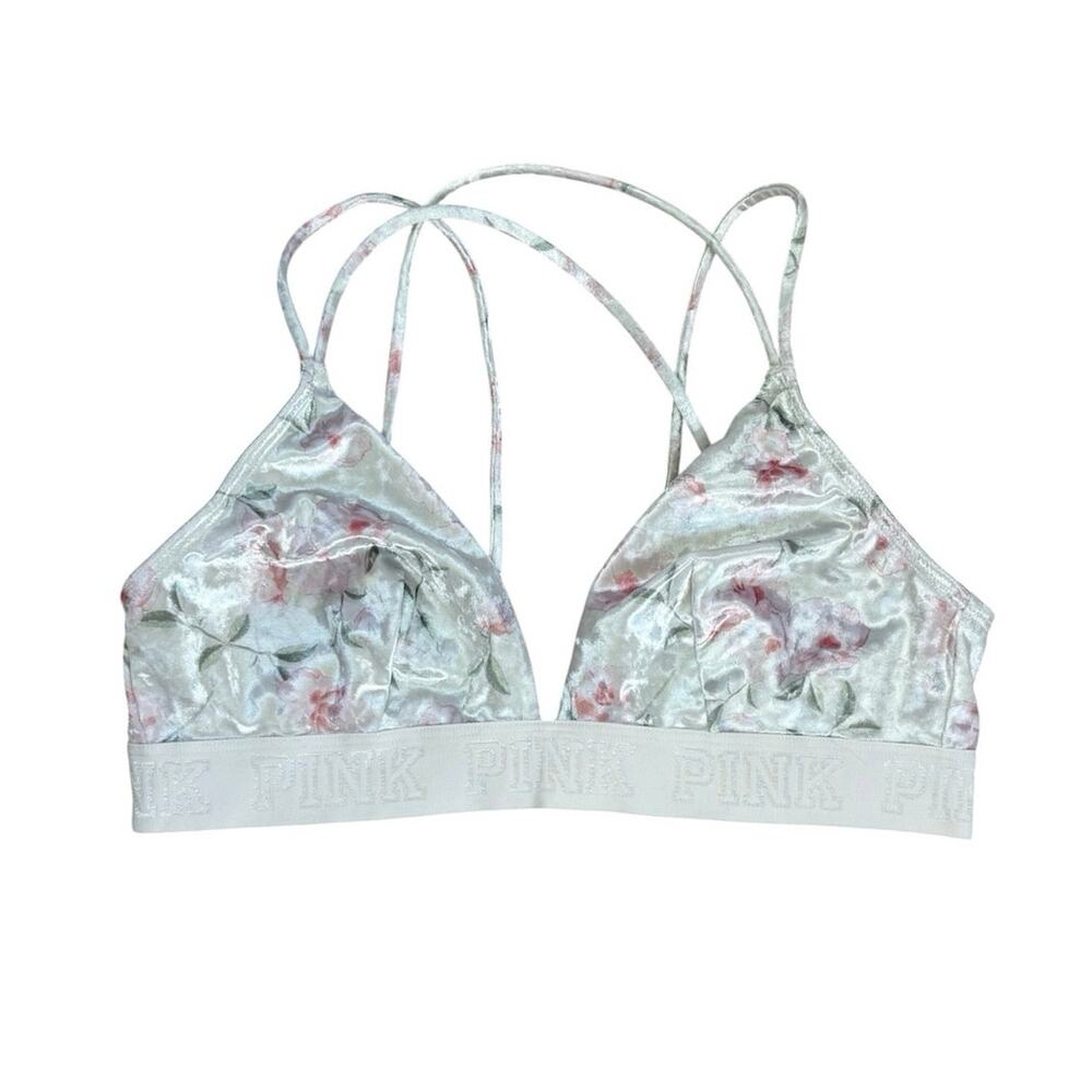 Victoria's Secret VS Pink Women's Small Satin Silver/White Floral Bralette Bra
